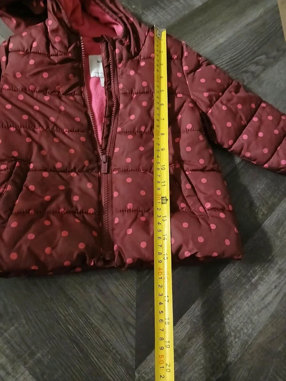 Old Navy Girls' Hooded Puffer Jacket in Burgundy with Pink Polka Dots